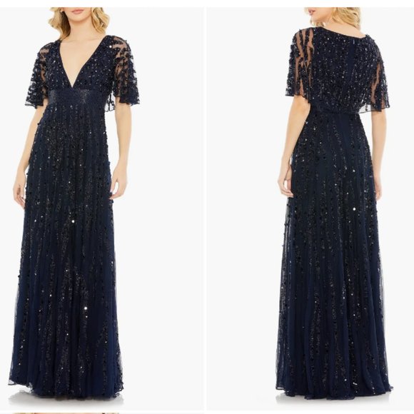 MAC DUGGAL 93784 EMBELLIHSED V-NECK MIDNIGHT NAVY COLUMN GOWN sz 12 - Picture 1 of 4